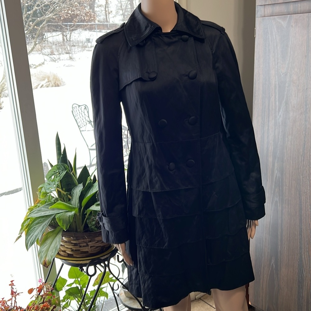Black Metallic Coat Long Sleeve Collar Women's Ruffles Belt Spring Size Small